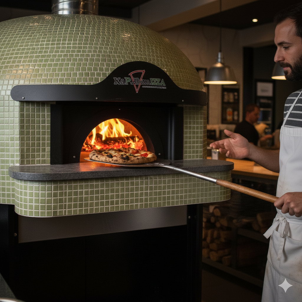 Burning logs inside a traditional Neapolitan wood-fired pizza oven